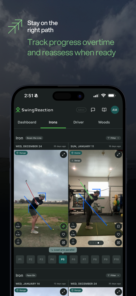 SwingReaction - Side-by-side golf swing analysis and progress tracking with AI overlays in the SwingReaction app.