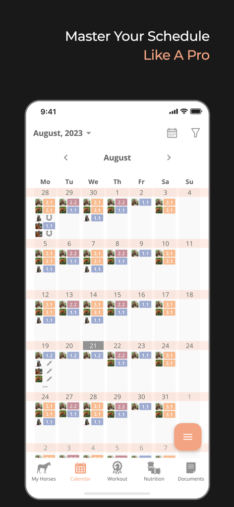 HÆSTR: Horse Care App - A screenshot of the HÆSTR app showing a monthly calendar view for organizing equestrian schedules and horse care tasks.
