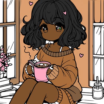 cute anime girl reading book and drinking hot chocolate from mug with loose wavy hair wearing a baggy sweatshirt and shorts sitting by windowsill looking out