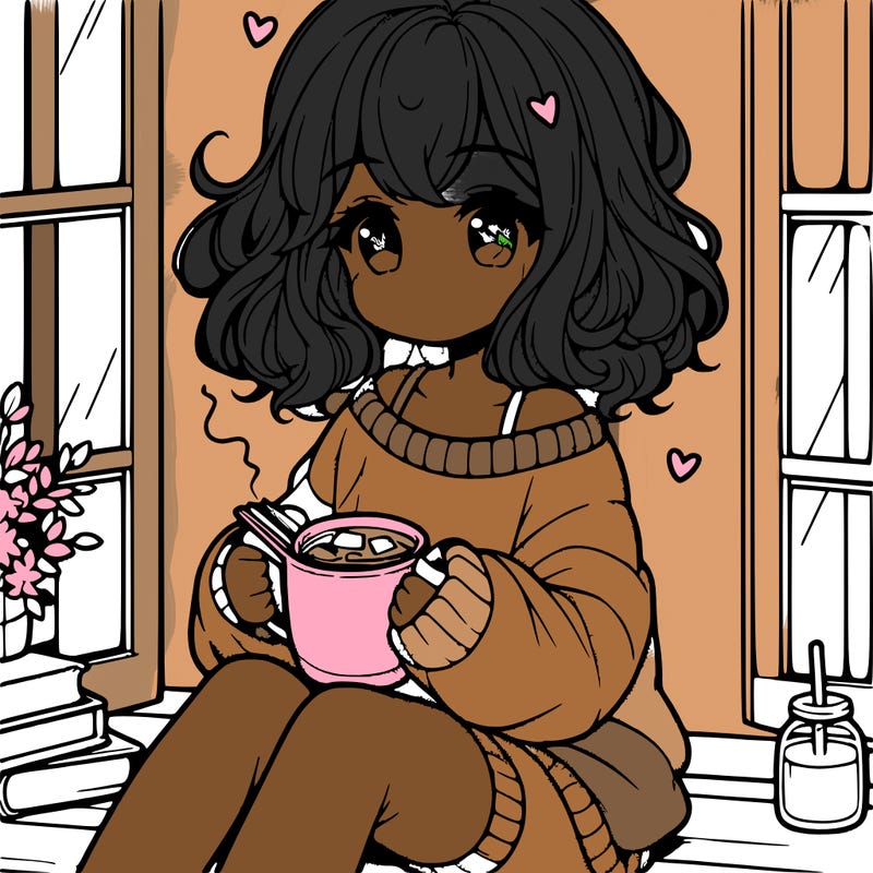 cute anime girl reading book and drinking hot chocolate from mug with loose wavy hair wearing a baggy sweatshirt and shorts sitting by windowsill looking out