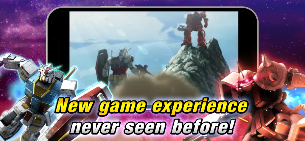 MOBILE SUIT GUNDAM U.C. ENGAGE - A mobile game screen showing a cinematic battle between a Gundam and a Zaku with the text New game experience never seen before.