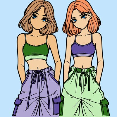 two girls with crop top with baggy pants