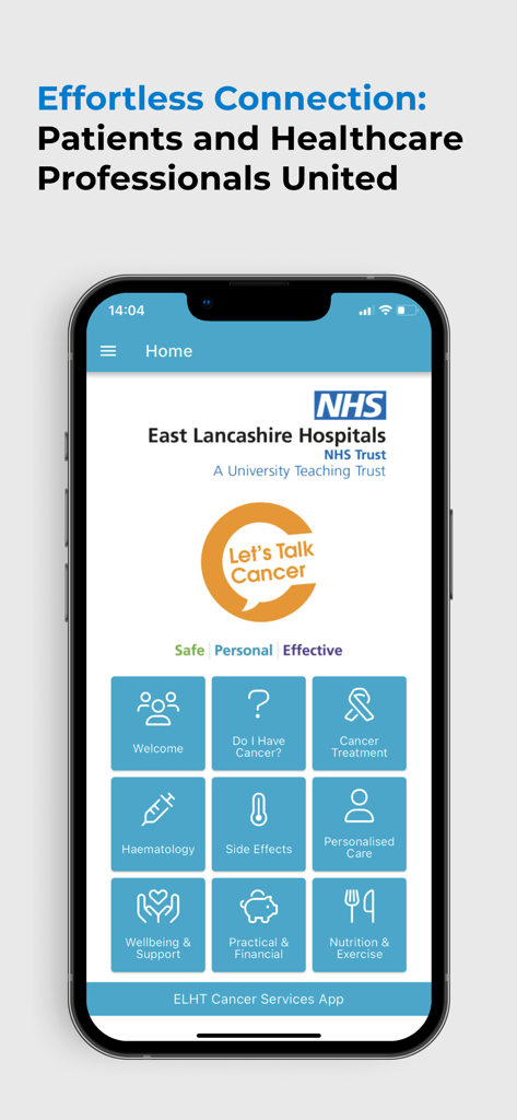 HealthZone UK - HealthZone UK mobile app home screen for East Lancashire Hospitals NHS Trust cancer services featuring various medical resource buttons