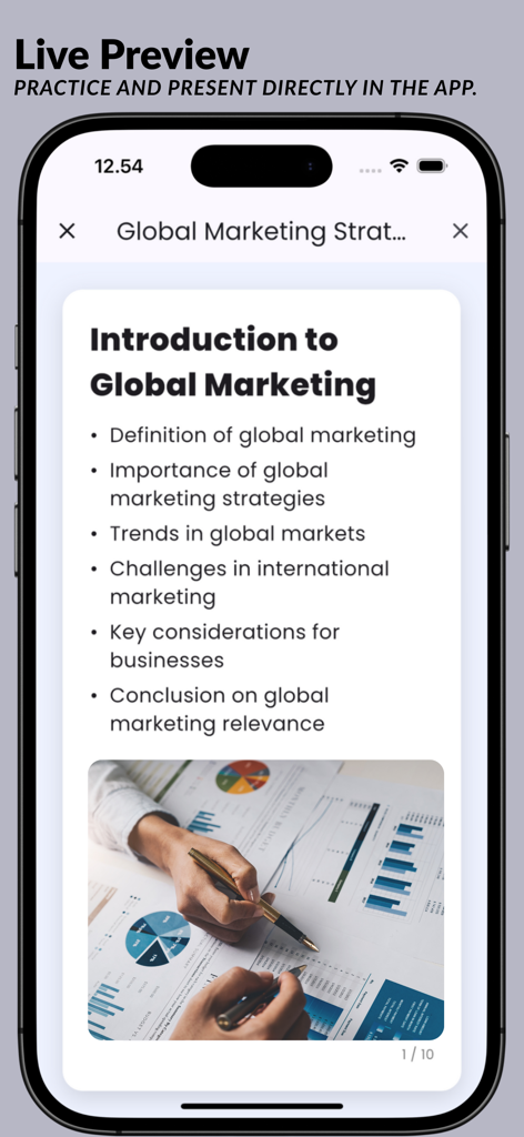 AI Slides : Presentation AI - Mobile screen showing a live preview of a global marketing presentation slide