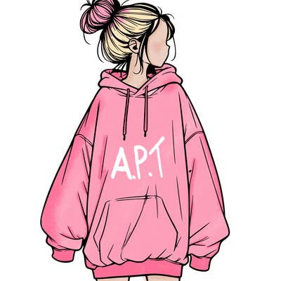 realistic girl with a oversized sweatshirt on and a bun