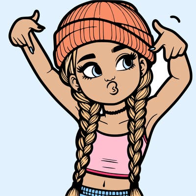 realistic teenage girl with braids and a beanie and crop top doing 🫶🏼