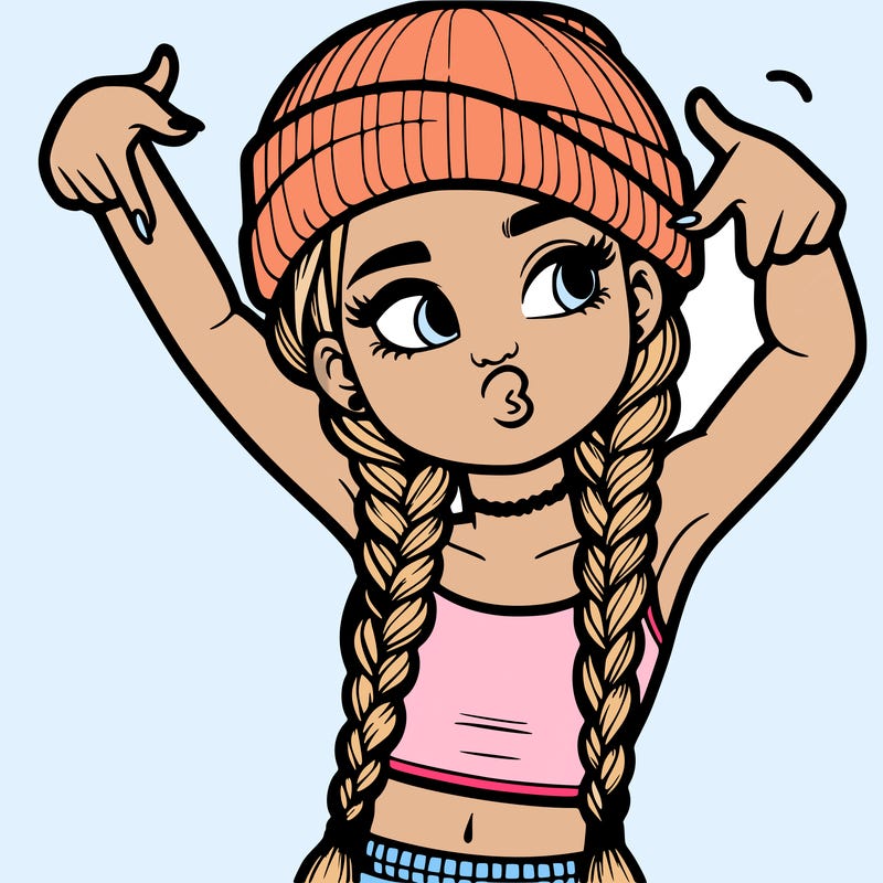 realistic teenage girl with braids and a beanie and crop top doing 🫶🏼