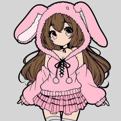 pretty anime girl wearing a fluffy hoodie with bunny ears on the hood and a skirt