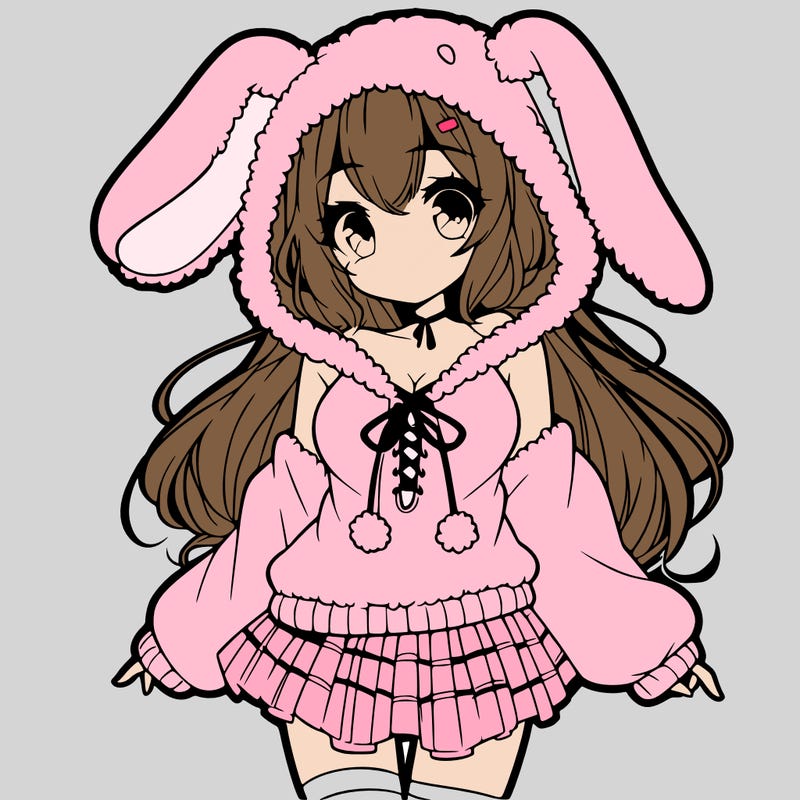 pretty anime girl wearing a fluffy hoodie with bunny ears on the hood and a skirt