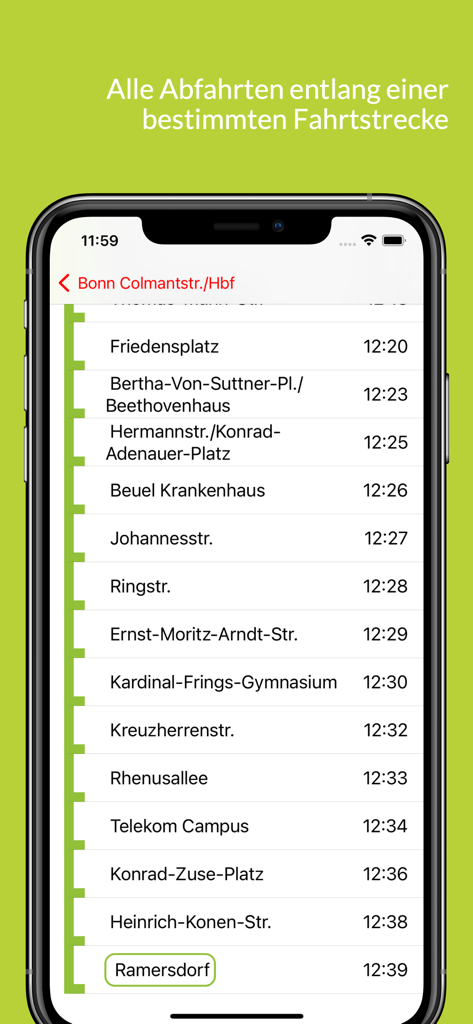 Pantalla de aplicación móvil que muestra paradas de autobús y tren con horarios de salida en vivo en Bonn