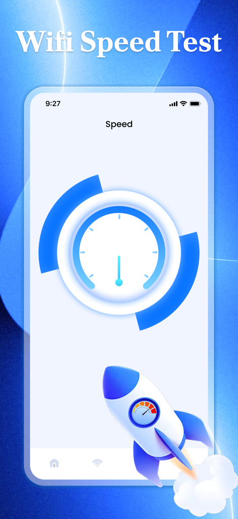 Clean Lion - A WiFi speed test interface in the Clean Lion app featuring a speedometer and a rocket ship graphic.