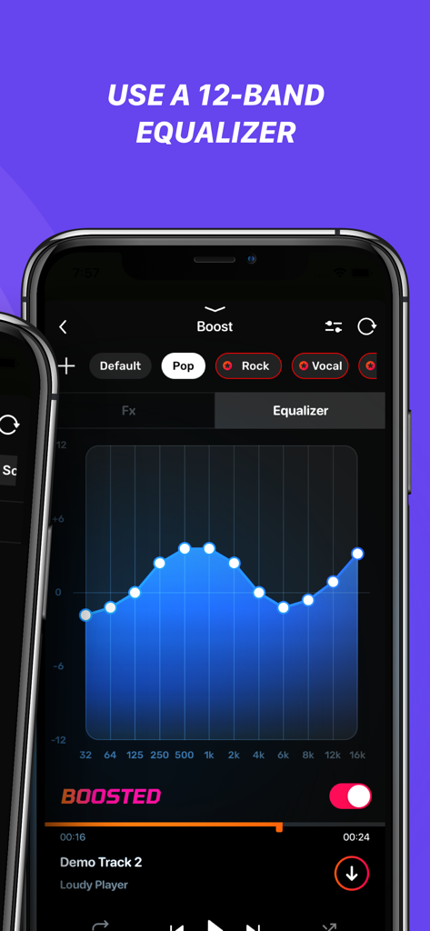 Una pantalla de smartphone que muestra una interfaz de ecualizador de 12 bandas con ajustes de frecuencia y preselecciones de música