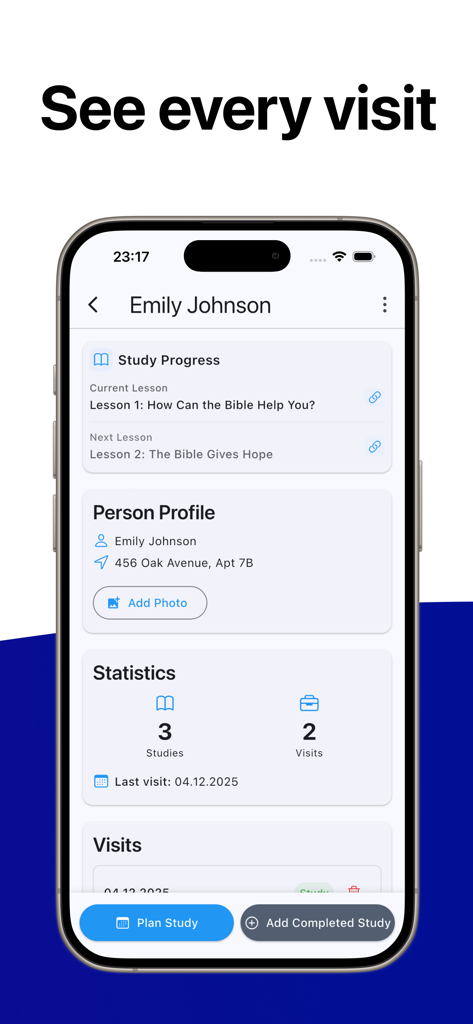 Ministry Assistant 2 - Pantalla de la aplicación móvil que muestra el progreso del estudio bíblico del perfil de la persona y las estadísticas de visitas