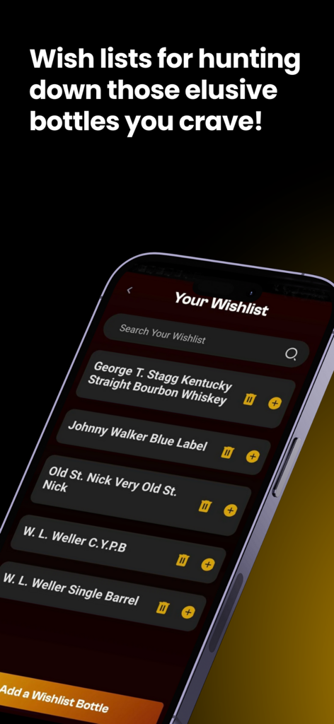Whiskey Shelf app interface displaying a personal wishlist of rare whiskey bottles