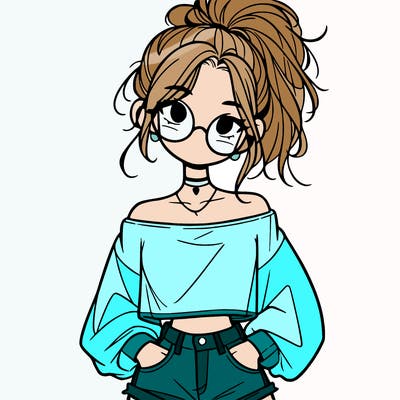 girl with a messy ponytail glasses a baggy crop top and jean shorts