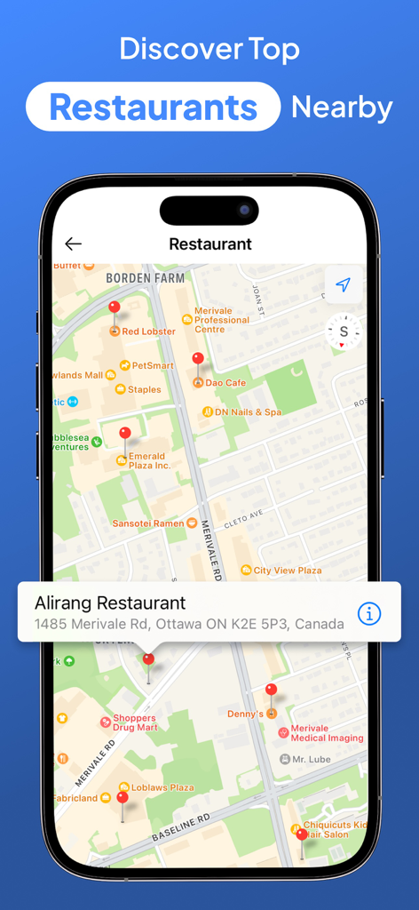 GPS Live Location - Maps - 스마트폰 인터페이스가 로컬 레스토랑 핀이 있는 지도를 보여주고 Alirang 레스토랑을 강조 표시합니다.
