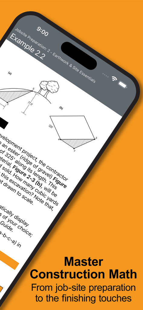Construction Master Pro Guide - Screenshot of the Construction Master Pro Guide app showing a math example for jobsite preparation and earthwork with geometric diagrams.