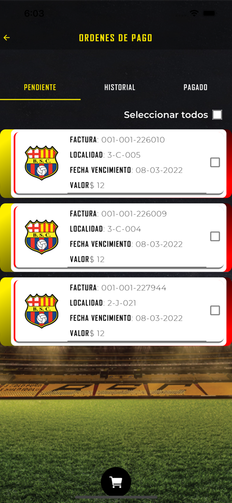 バルセロナSC公式アプリのメンバー向けの保留中の支払い注文リスト