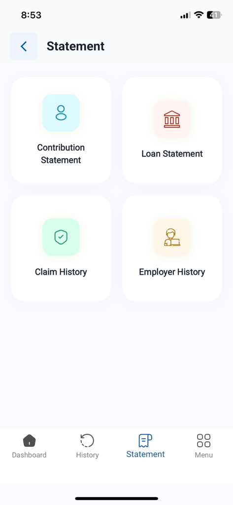 SSF - Nepal - Statement screen of the SSF Nepal app showing options for contribution statement loan statement claim history and employer history