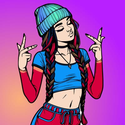 realistic teenage girl with braids and a beanie and crop top doing 🫶🏼