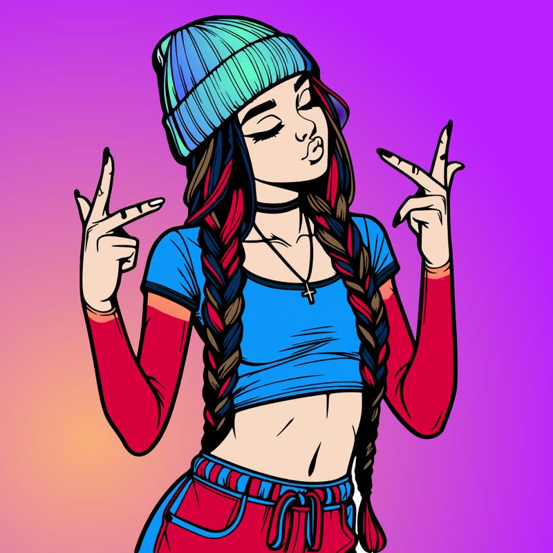 realistic teenage girl with braids and a beanie and crop top doing 🫶🏼