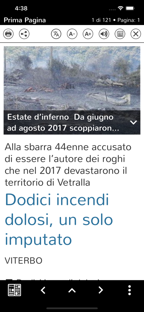 Corriere di Viterbo - Smartphone screen showing an Italian news article in the Corriere di Viterbo app with text adjustment and accessibility icons.