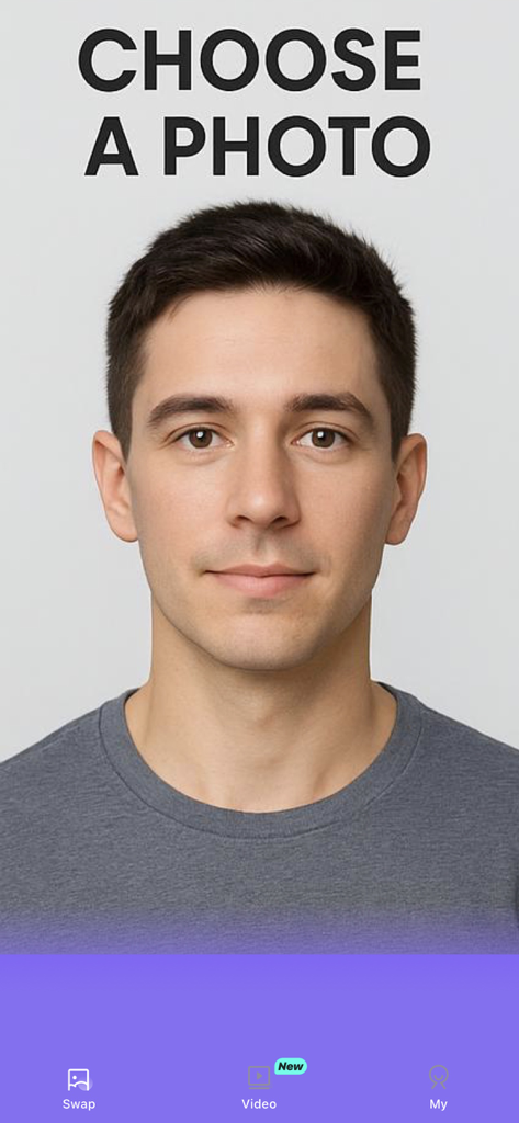 AI Face Swap app interface showing the choose a photo screen with a male portrait