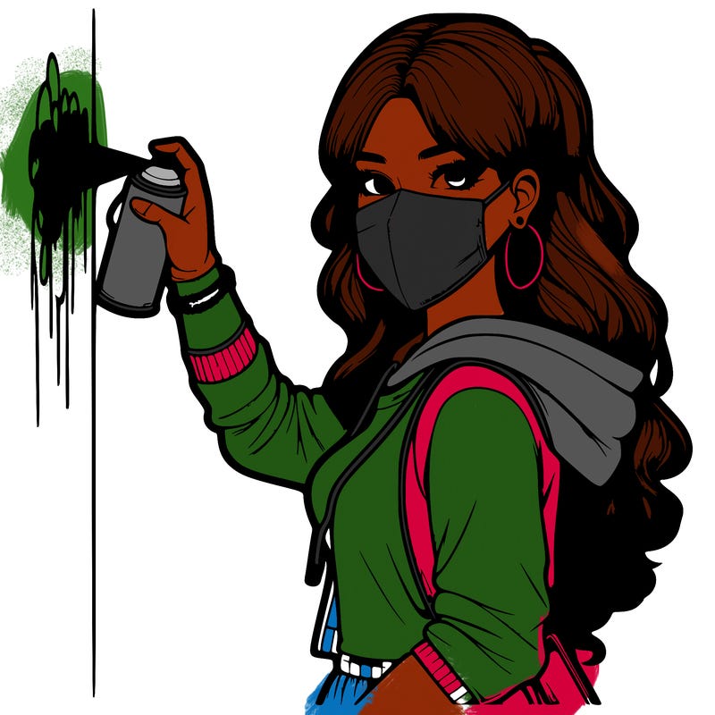 realistic girl with mask spray painting a wall