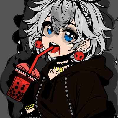 hot baddie anime girl drinking boba and biting the straw
