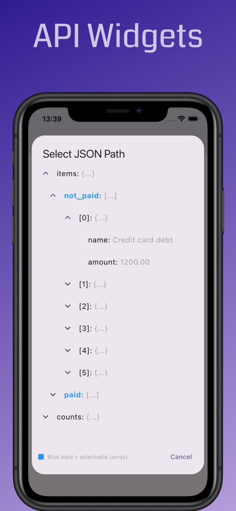 API Widgets - Interface showing a hierarchical JSON tree structure for selecting specific data paths to display in an iOS widget.