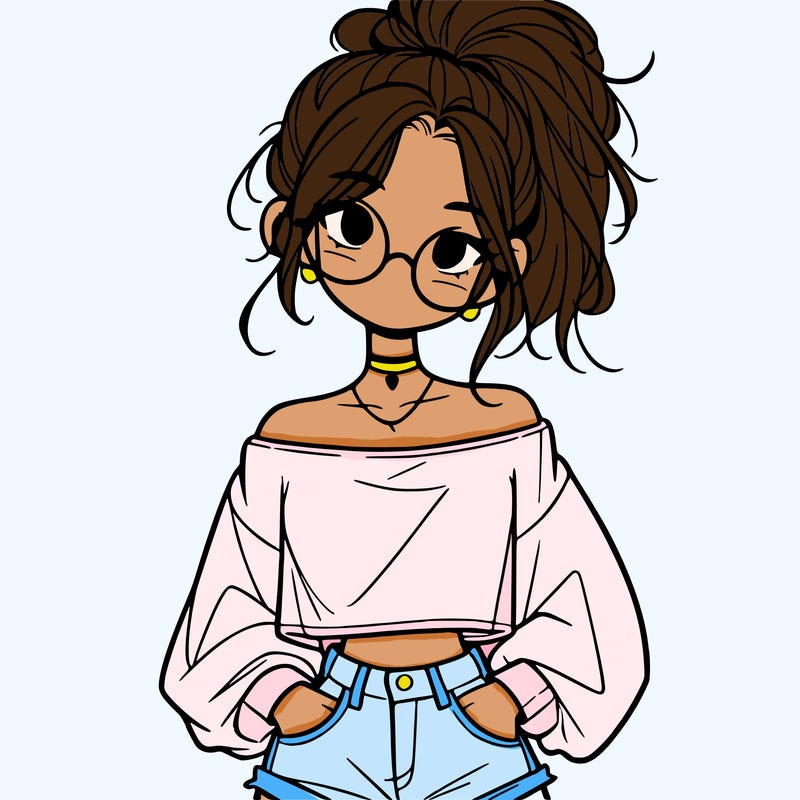girl with a messy ponytail glasses a baggy crop top and jean shorts