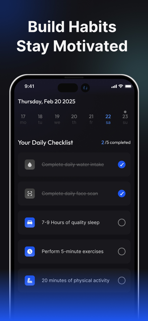 Depuff AI app interface showing a daily checklist for water intake, sleep, and facial exercises.