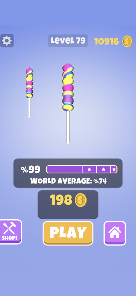 Wood Shop - Una pantalla de nivel completado en la aplicación Wood Shop que muestra una colorida talla de madera en espiral y una puntuación de precisión del noventa y nueve por ciento.