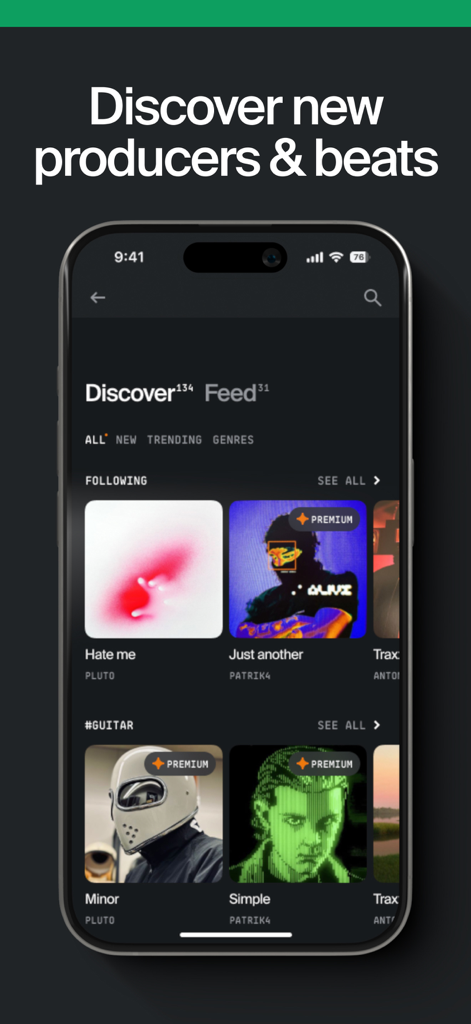 Interfaz de la aplicación Offtop mostrando la pantalla Descubrir con varios ritmos musicales y productores para explorar