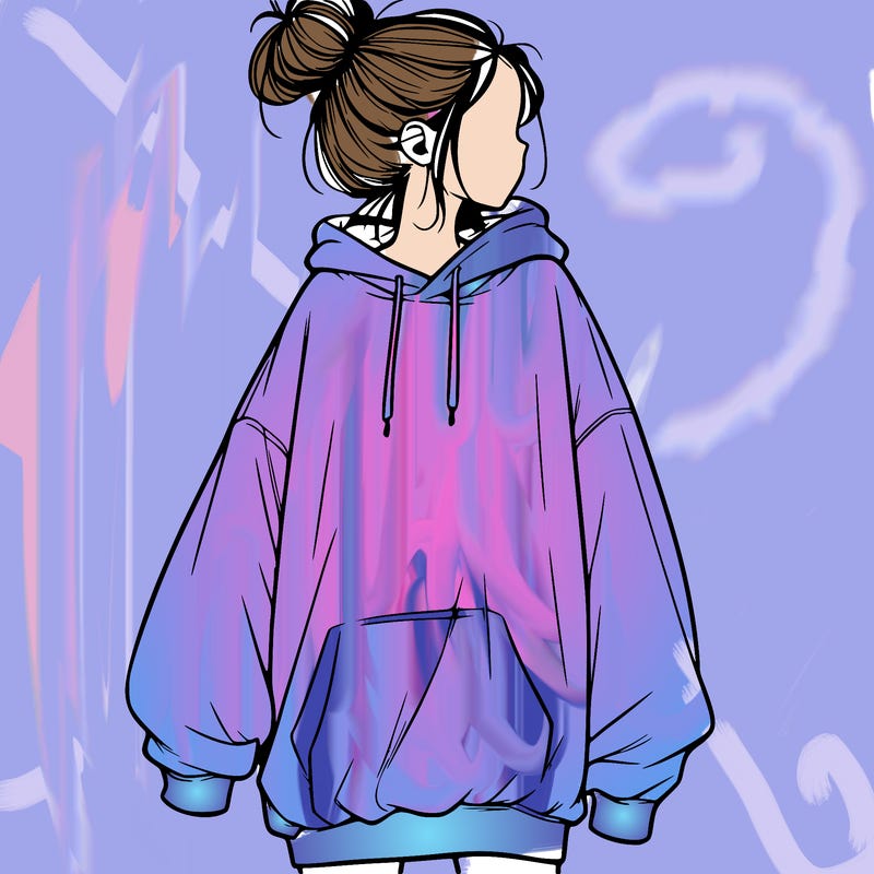 realistic girl with a oversized sweatshirt on and a bun