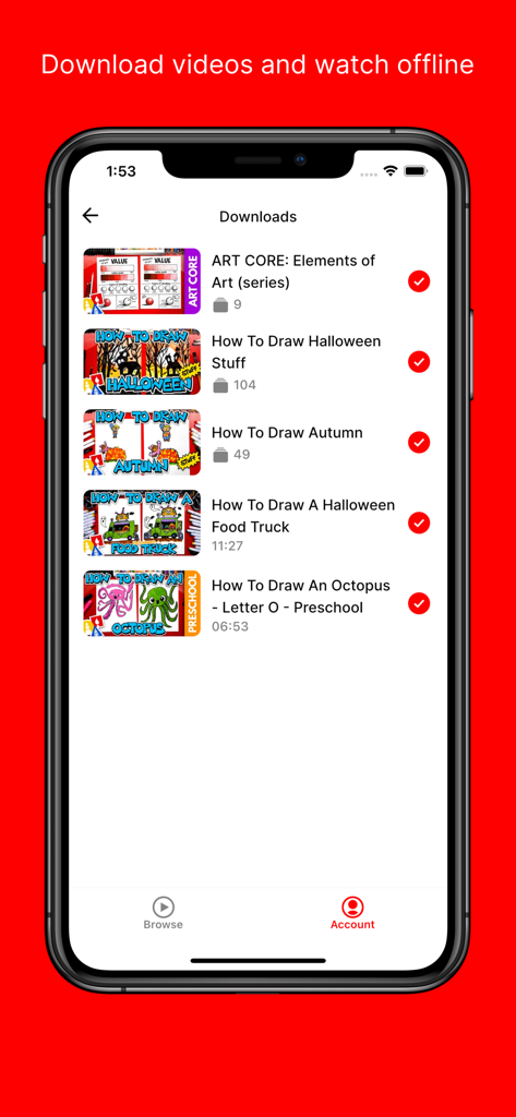 Art For Kids Hub - iPhone screen displaying a list of downloaded art tutorials for offline viewing in the Art For Kids Hub app