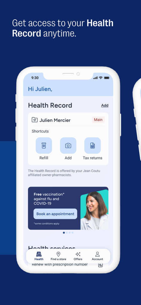 Jean Coutu Santé - Tableau de bord de l'application Jean Coutu Santé affichant des raccourcis vers le dossier médical pour le renouvellement d'ordonnances et la prise de rendez-vous pour les vaccinations