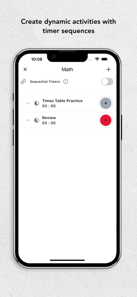 Time Timer - Schermata dell'iPhone che mostra la funzione di timer sequenziali dell'app Time Timer per un'attività di matematica, inclusa la pratica e la revisione delle tabelline