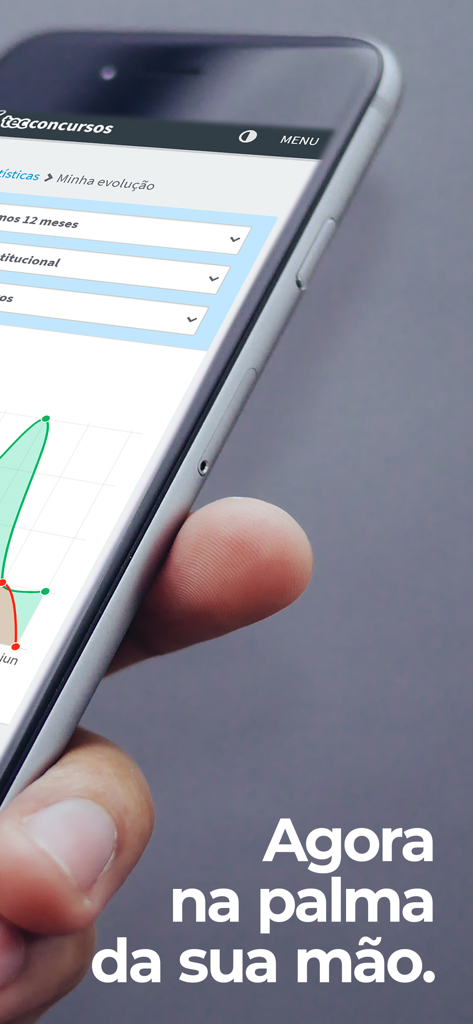 Tec Concursos - Hand holding a smartphone displaying study progress charts in the Tec Concursos app