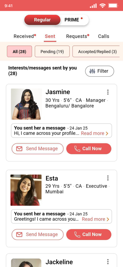 ChristianMatrimony - Interface of the ChristianMatrimony app showing sent messages and interests to prospective matches with profile details like age, height, and profession.