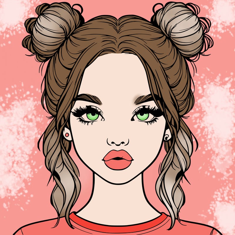 realistic girl with two buns in hair and lips