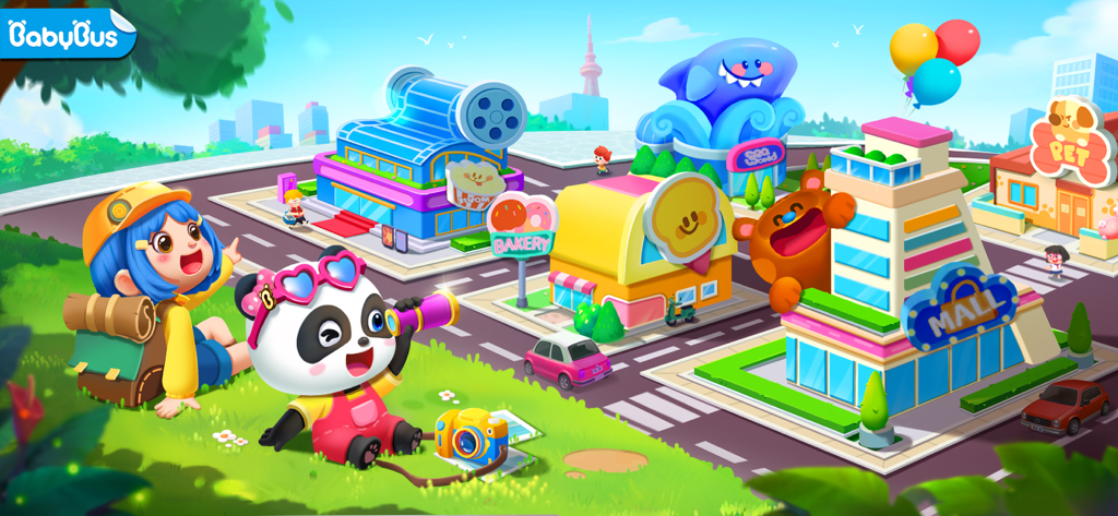 Little Panda's Town: My World - A vibrant cartoon town map from Little Panda's Town featuring a mall, bakery, and aquarium with characters looking on.