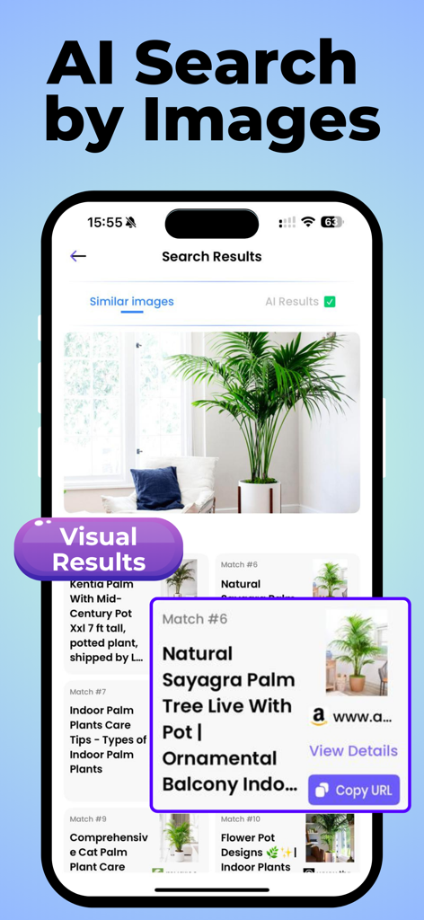 iPhone-Screenshot der Lens App, der KI-Suchergebnisse für die Identifizierung einer Zimmerpflanze mit Produktübereinstimmungen anzeigt