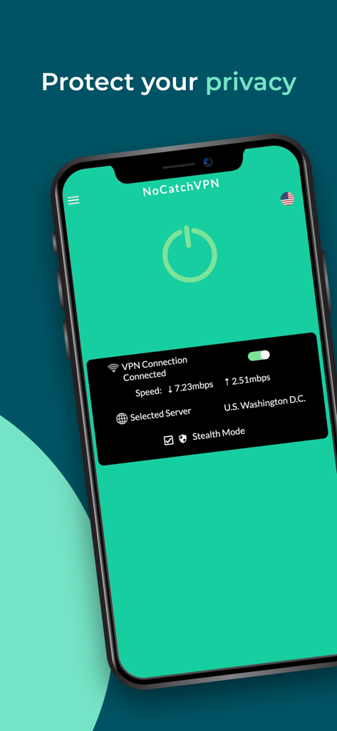 NoCatch VPN: Fast Proxy Speed - NoCatch VPN app on iPhone showing a secure connection to a Washington DC server with download and upload speed details
