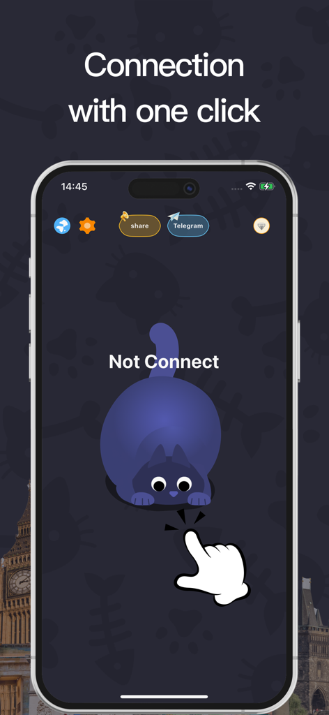 Lite Cat VPN app showing a one click connection screen with a cute cat character on a mobile phone.