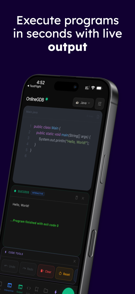 OnlineGDB Mobile app interface showing Java code execution and live console output