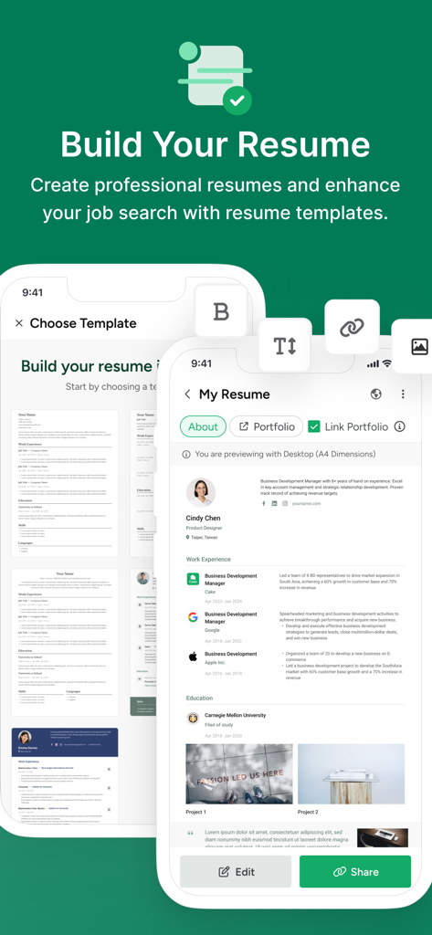 Cake: Job, Resume & Networking - 케이크 앱의 화면은 전문 이력서 템플릿과 모바일 프로필 편집을 보여줍니다.