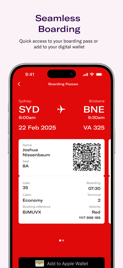 QRコードとシドニーからブリスベンへのフライト詳細が含まれる、ヴァージン・オーストラリア・アプリのデジタル搭乗券。