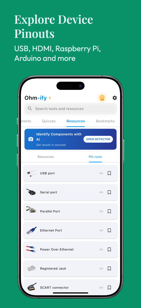 Ohmify - electronics tools - Ohmify app interface displaying a list of electronic connector pinouts including USB and Serial ports.