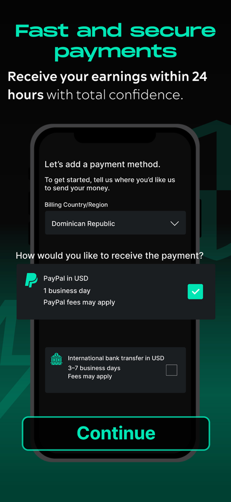 Comfy - Una pantalla de la app móvil para anfitriones de alquiler de coches para seleccionar su método de pago preferido como PayPal o transferencia bancaria